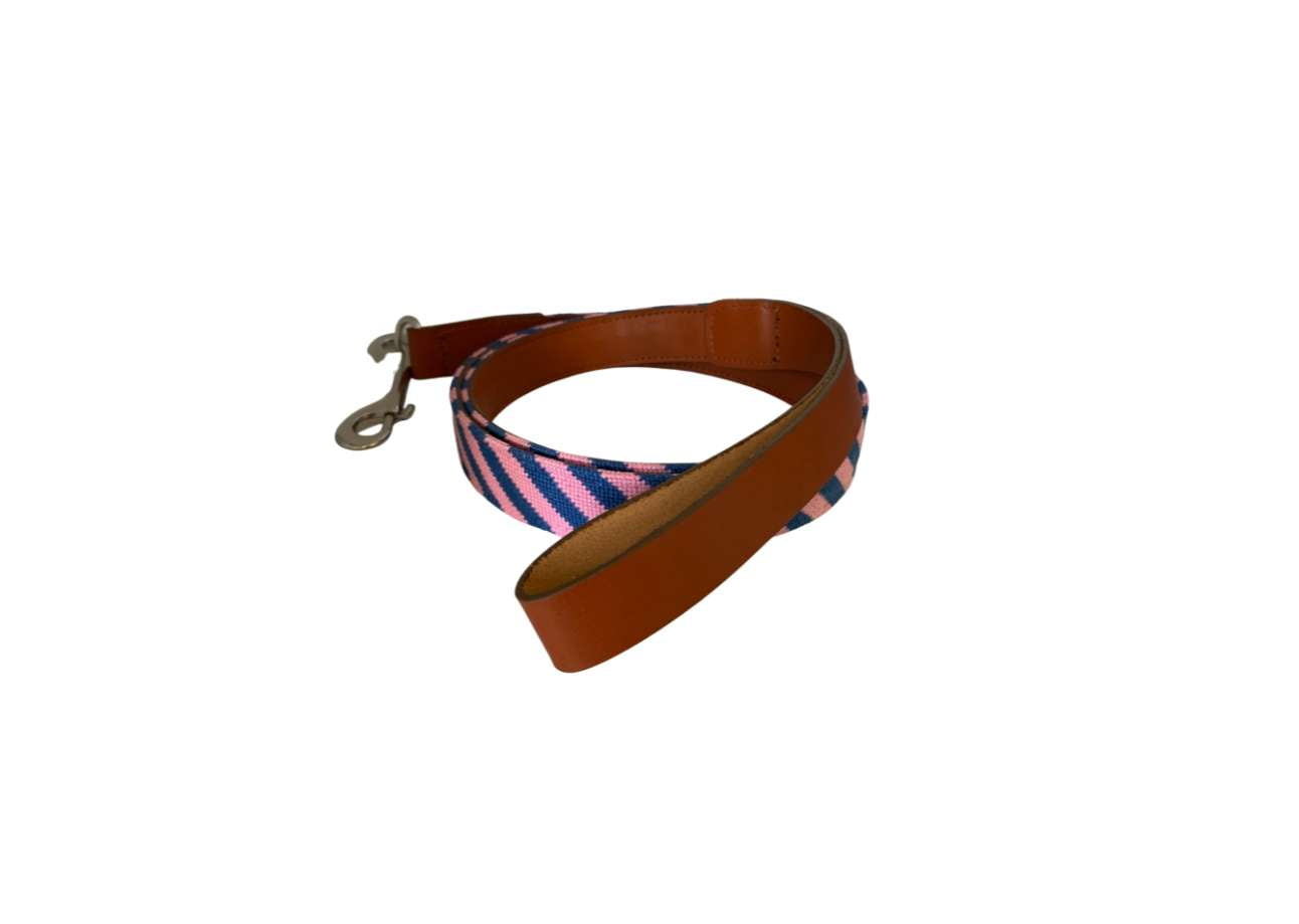 Needlepoint Leash- Pink and Navy Striped / Baldwin Belts