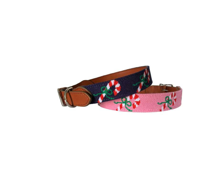 Needlepoint Dog Collar- Candy Cane  Pattern (Pink or Navy)