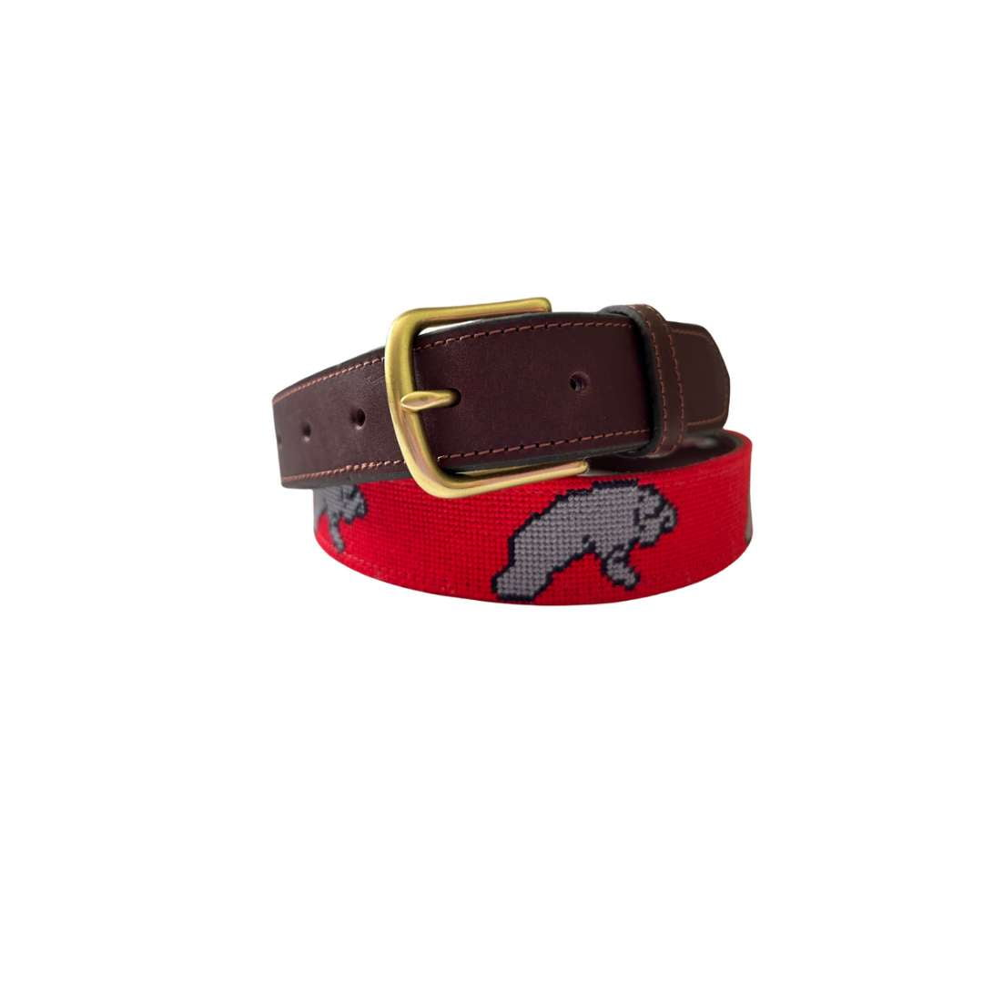 Needlepoint Belt Manatee design men's belt in Red