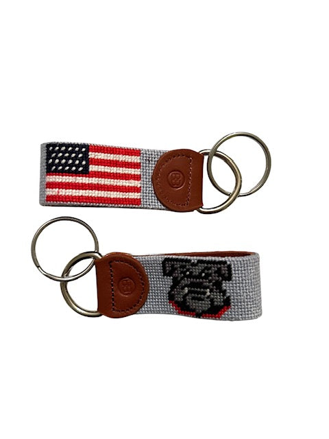 Needlepoint Bull dog Key Fob with Patriotic American Flag Design key ring-Dring or lobster clasp available