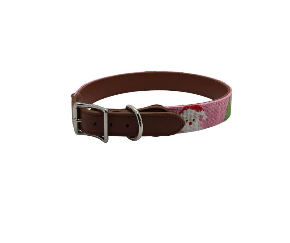 Needlepoint Dog Collar- Pink Santa Pattern