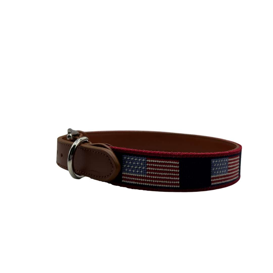 Needlepoint Dog Collar- American Flag dog collar(red border)- Hand Stitched