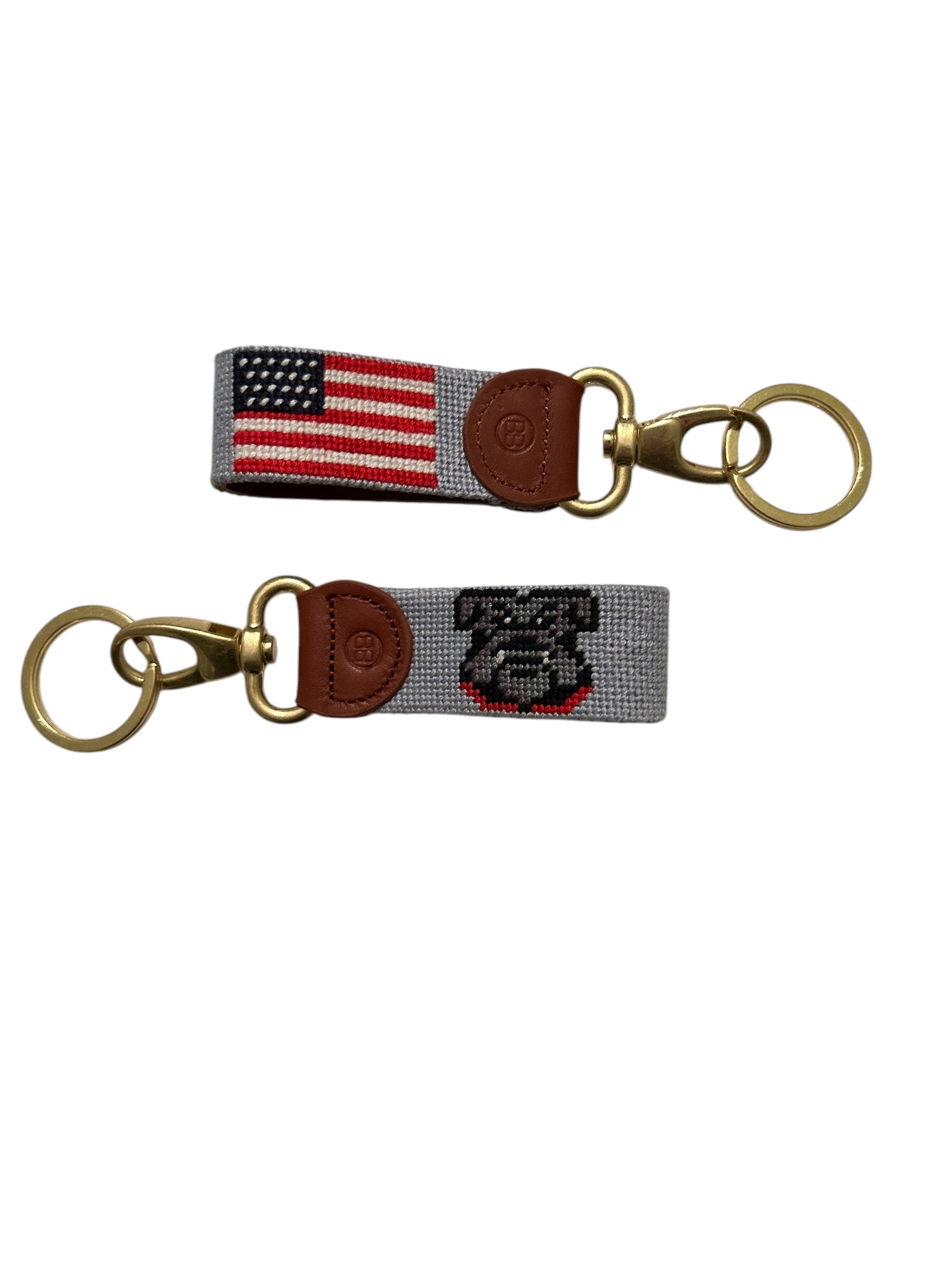 Needlepoint Bull dog Key Fob with Patriotic American Flag Design key ring-Dring or lobster clasp available