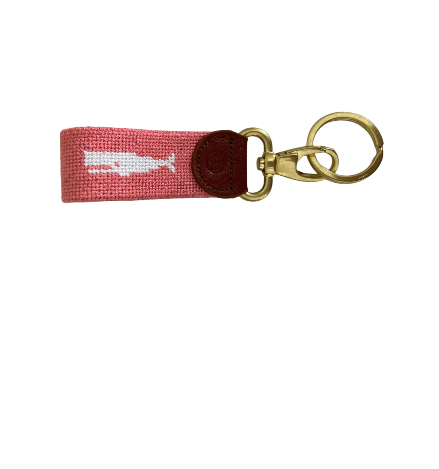 Needlepoint Key Fob , Pink whale design, brass lobster clasp