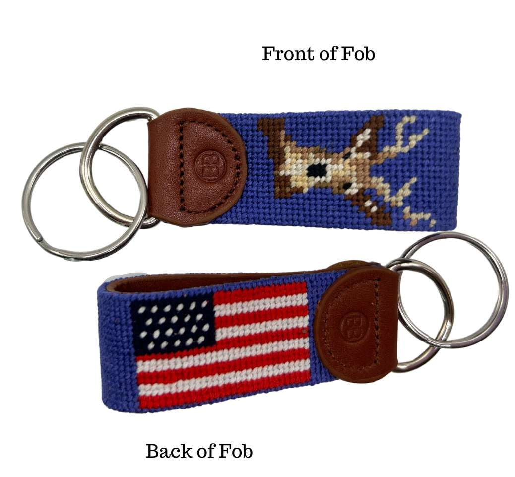 Deer Needlepoint Key Fob - American flag / Deer Head  Key Fob Hand Stitched