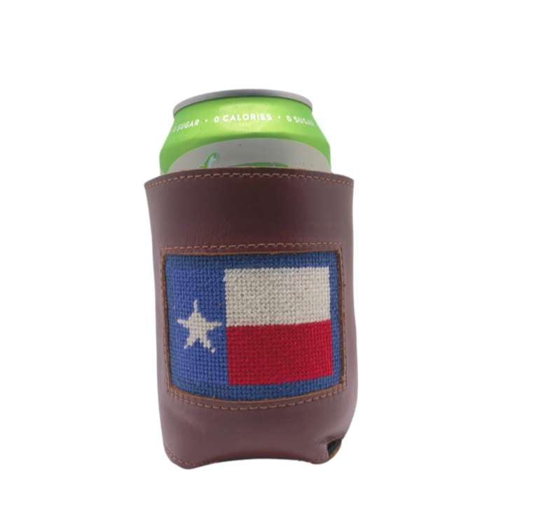 Needlepoint Can Cooler- Texas Flag needlepoint insert with full grain Leather and Interior Neoprene Liner