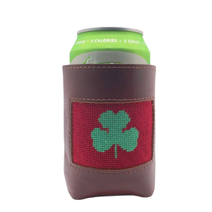 Needlepoint Can Cooler-Clover needlepoint insert with full grain Leather and Interior Neoprene Liner