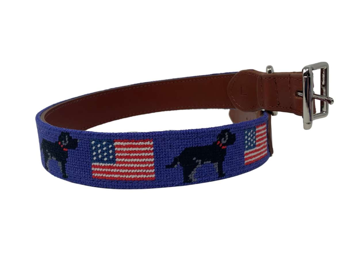 Needlepoint Dog Collar- Black Dog /USA Flag design